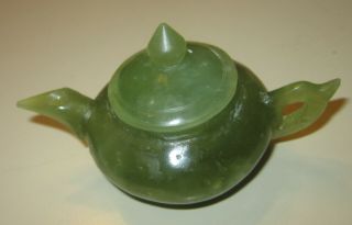 Antique Miniature Chinese Teapot Carved From Green Apple Jade