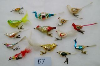 14 Vintage Clip On Blown Glass Christmas Bird Ornaments Bristle Tail Glitter B7