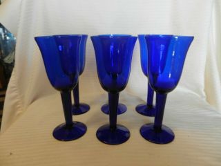Vintage Set Of 6 Cobalt Blue Crystal Stem Wine Glasses 7.  625 " Tall