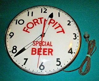 Vintage Fort Pitt Special Beer Clock 15 Inch Dia.  Telechron Domed Glass