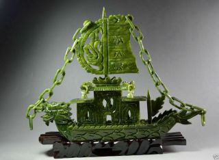 Natural Chinese 100 Jade Hand Carved Dragon Incense Statue Dragon Ship