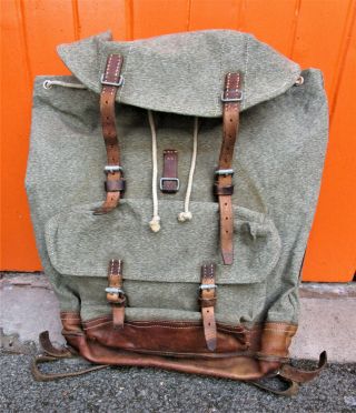 Vintage Swiss Army Military Backpack Rucksack Salt Pepper Canvas Leather Fluhman