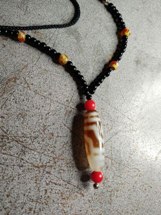 Antique Tibetan Dzi Amulet Agate/red Coral/onyx Restrung Necklace.