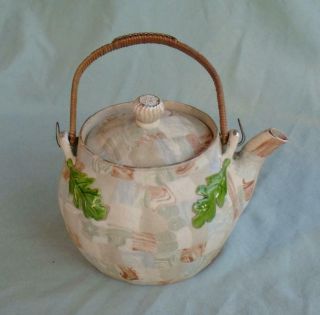 Japanese Banko Ware Tapestry Teapot With Enamel Leaves