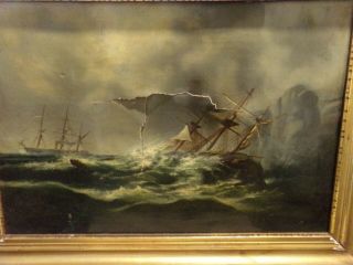 Vintage Oil On Canvas Painting Of A Ship Damage.
