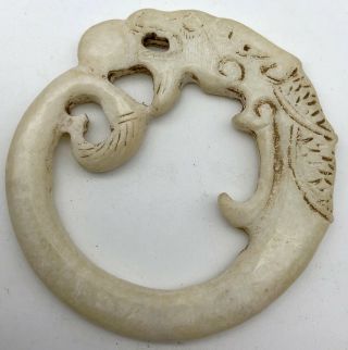 Large Vintage Chinese White Jade Carved Dragon Pendant 50g 3” Asian China