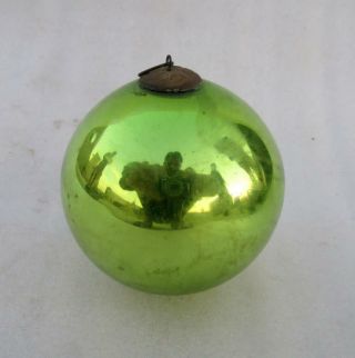 Vintage Old Green Glass 4.  25 ' Round Christmas Kugel Ornament,  Germany 2
