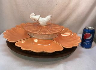 Vtg Rare 60 - 70’s Calif Pottery Lazy Susan Veggie Relish Tray Server Rooster Lid