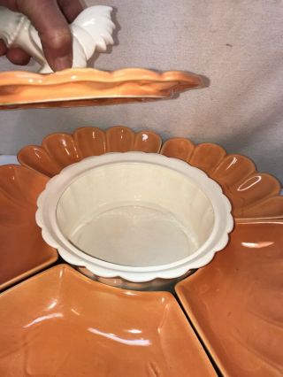Vtg RARE 60 - 70’s Calif Pottery Lazy Susan Veggie Relish Tray Server ROOSTER LID 3