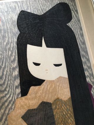 VTG Kaoru Kawano Mid Century Pencil Signed Wood Block Print Japanese Girl & Fan 2