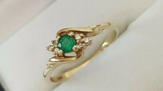 Vintage Solid 9ct Yellow Gold Natural Emerald & 6 Diamond Engagement Ring