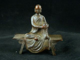Antique Chinese Brass Hand Made Monk On Bench Statue