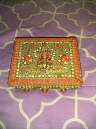 Rare Antique Indian Hindu Goddess Brass Box Inlaid Turquoise Coral,  India No Res