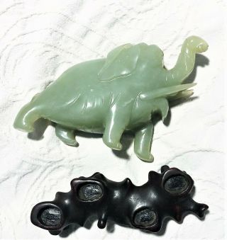 Antique Chinese Jade Elephant With Wood Stand
