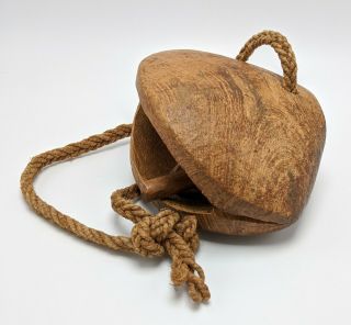 Antique Vintage Tribal Carved Wood Livestock Cow Goat Bell Woven Rope