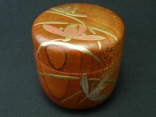 Japanese Traditional Lacquer Wooden Grained Tea Caddy Iris Makie Natsume (1201)