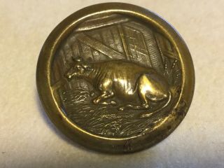 Antique Vintage Picture Button Stamped Brass With Laying Cow In Barn
