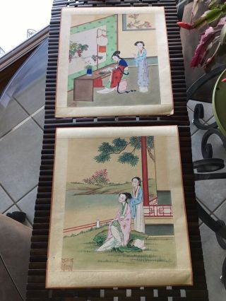 2 Antique Japanese Woodblock Prints Geisha Girls Signed 10 X 12 Asian Japan Art