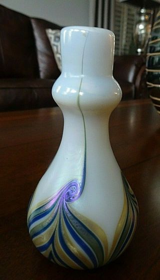 Vintage Charles Lotton Art Glass Pulled Feather & Hook Iridescent Cabinet Vase