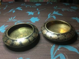 Pair Vintage Brass Dishes Indian / Islamic With Black Enameled And Etched Decor