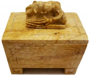 Antique Chinese Shoushan Stone Carved Box With Goldfish Topper.