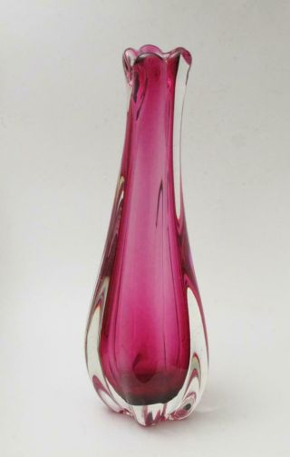 Vintage Italian Murano Glass Tall Sleek Cranberry Pink Cased Vase Mid Century