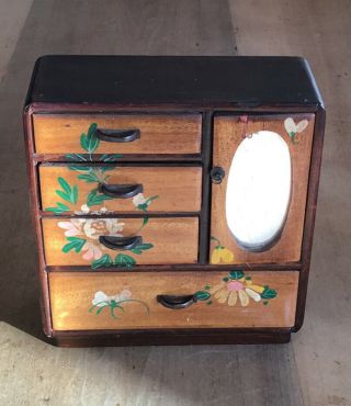 A Lovely Antique Small Wooden Hand Painted Japanese Cabinet.  15cm Tall.