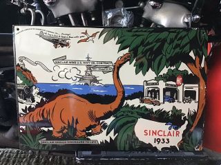 Rare Vintage Porcelain 1933 Sinclair Gas Station Sign Dinosaur War Ship