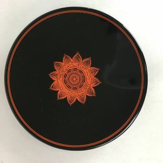 Japanese Lacquer Ware Plate Vtg Round Wood Obon Black Lotus Flower Lw975