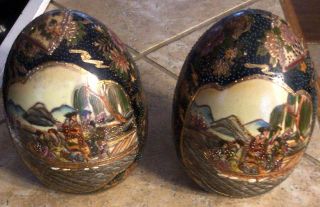 Pair Antique Hand Painted Porcelain Eggs Maybe Japanese Satsuma