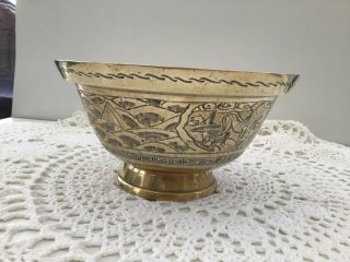 Vintage Chinese Solid Brass Engraved Design Decorative 8inch Footed Bowl