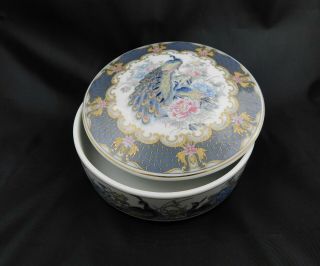 Large Japanese Porcelain Trinket Box With Peacock & Peony Flowers Eiwa Kinsei