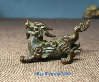Vintage Oriental Old Chinese Bronze Handwork Carved Unicorn Dragon Statue