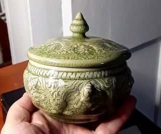 Thai Celadon Antique Covered Pottery Jar Jade Green With Figures On Lid And Body