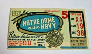 1938 United States Naval Academy Navy Vs Notre Dame Football Game Ticket