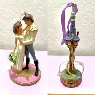 Set Of 2 Disney Store Tangled Ever After Wedding Rapunzel Flynn Tower Ornament