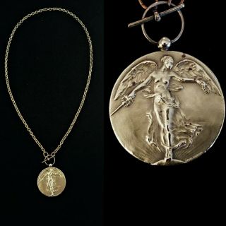 Vintage Rare 1900s Art Nouveau Medal Goddess Necklace Signed P.  Dubois