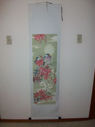 Signed Large Chinese Scroll Painting Of Asian Birds And Flower Figures 66 Inches