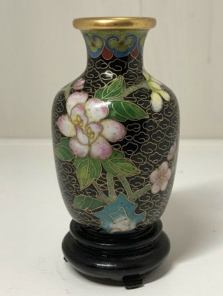 Vintage Small Chinese Cloisonné Enamelled Vase With Wood Base