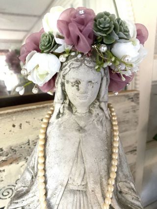 Vtg Cement Garden Statue Blessed Virgin Mary Madonna Floral Crown She’s Crying