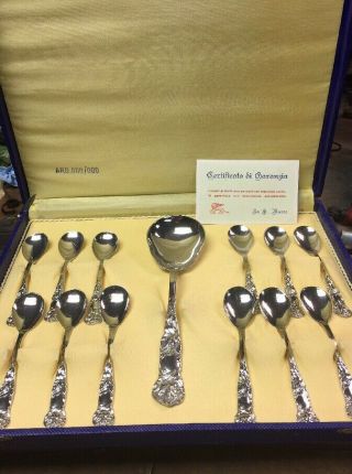 Arg.  800/000 Set Of 12 Spoons & 1 Large Serving Spoon Vintage Italian Silverware