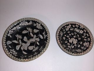 Antique Chinese Two (2) Enamel Cloisonne Black/white Plate Dish Plum Blossom