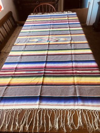 Vintage Mexican Southwestern Saltillo Serape Blanket Rug W/ Fringe 94 X 48