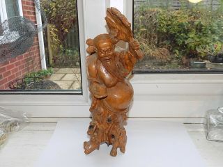 Chinese Hand Carved Root Wood Figure Of A Wise Man With Fan & Dog 26cm (4