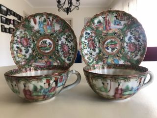 Antique Chinese Rose Medallion Scalloped Tea Cups And Saucers Qing 19th