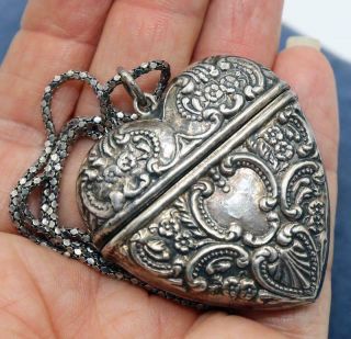 Rococo Repousse Antique Victorian Sterling Heart Locket Necklace Vesta Case J6