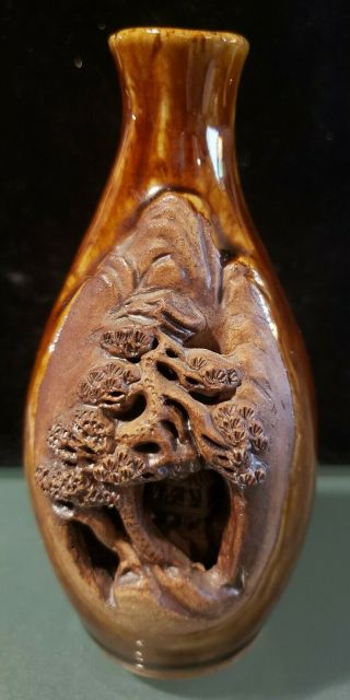 Vintage Japanese Banko Ware Ornate Carved Pottery Miniature Vase Bonsai Tree