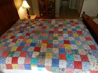 Vtg Handmade Patchwork Thick Quilt Blanket W Hand Ties,  King Size 70 X 78