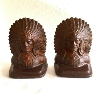 Vintage Antique Solid Cast Iron Figural Native American Indian Chief Bookends