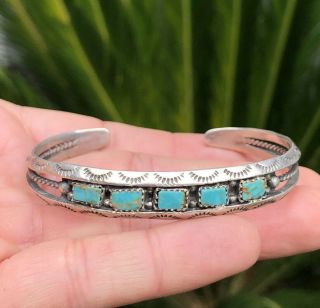 Vtg Old Pawn Fred Harvey Navajo Sterling Silver Turquoise Stamped Cuff Bracelet